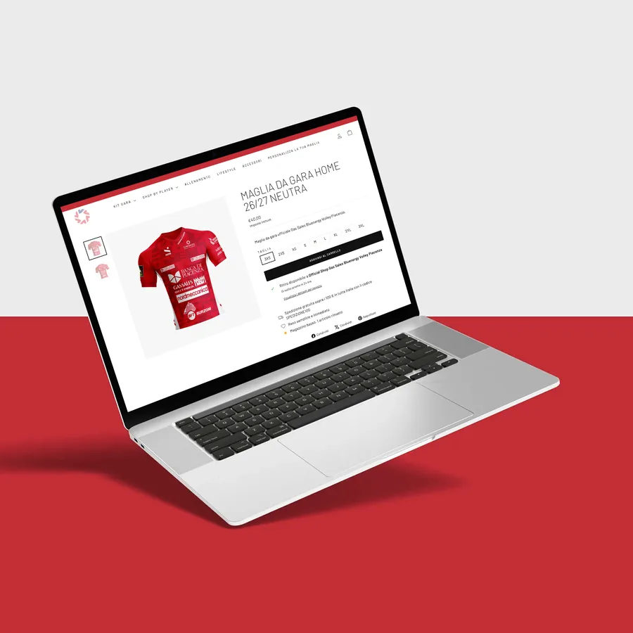 E-commerce Gas Sales Bluenergy Volley: scheda prodotto della maglia da gara ufficiale, su laptop