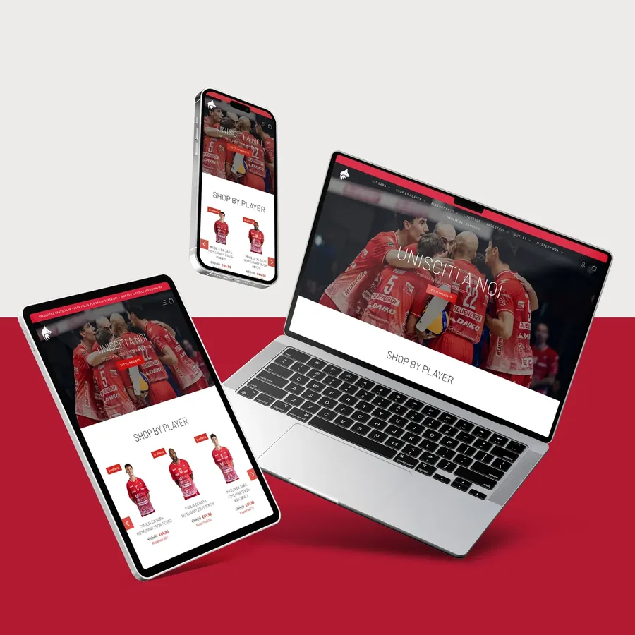 E-commerce di merchandising Gas Sales Bluenergy Volley su laptop, tablet e smartphone